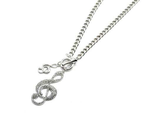 CC645 - Collier Chaîne Métal Pendentif Clé de Sol Strass Argenté - Mode Fantaisie