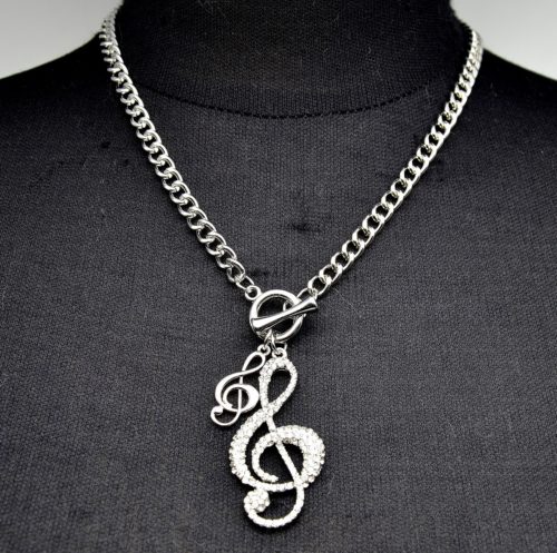 CC645 - Collier Chaîne Métal Pendentif Clé de Sol Strass Argenté - Mode Fantaisie – Image 2