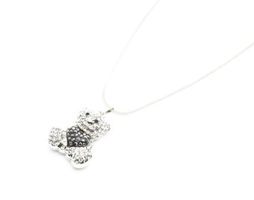 CC671 - Collier Pendentif Ourson Métal Argenté avec Strass et Coeur Gris