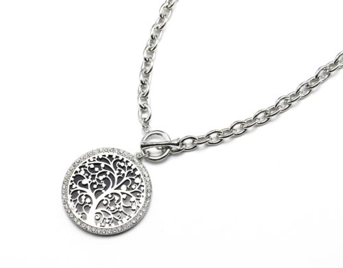 CC677 - Collier Chaîne Métal Argenté Pendentif Arbre de Vie Contour Strass