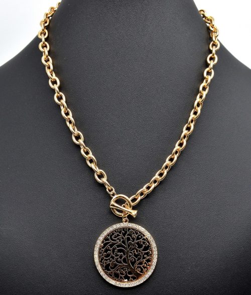 Collier-Chaine-Metal-et-Pendentif-Arbre-de-Vie-Contour-Strass-Dore