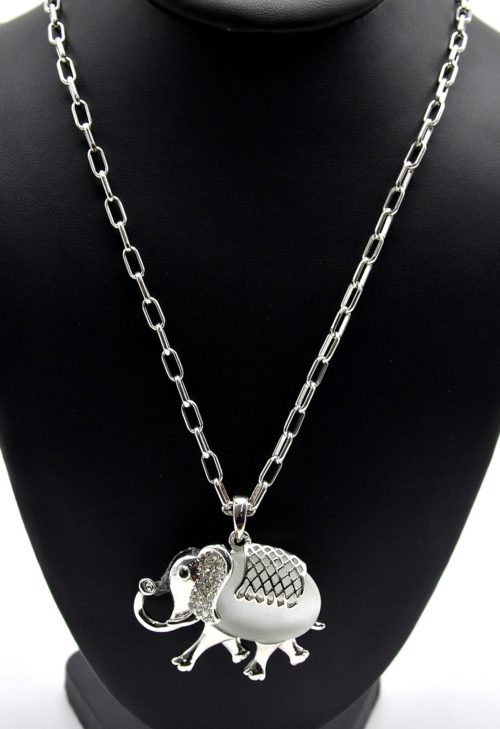 Sautoir-Collier-Pendentif-Elephant-Resine-Metal-Argente-et-Strass