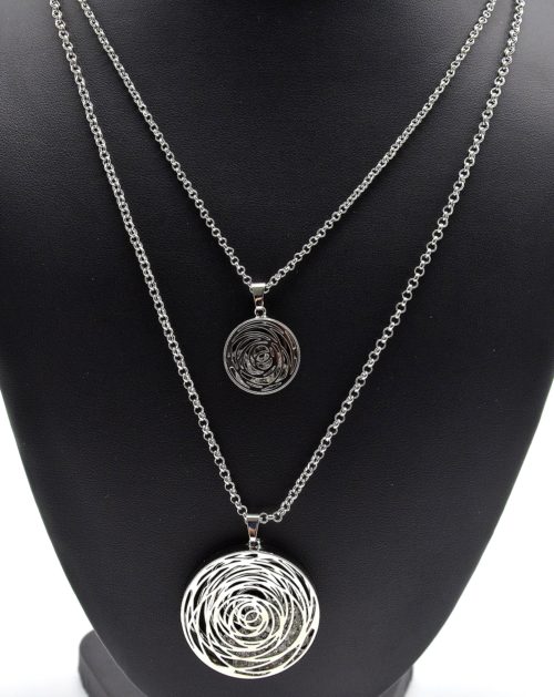 Sautoir-Collier-Double-Chaines-Cercles-Motif-Ajoure-Metal-Argente-avec-Cristaux