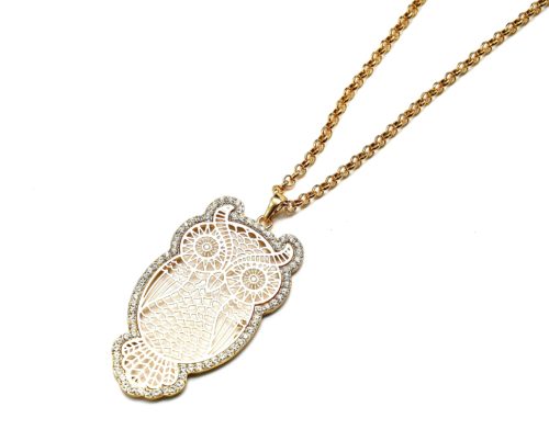 Sautoir-Collier-Pendentif-Chouette-Hibou-Ajoure-Metal-Dore-Contour-Strass