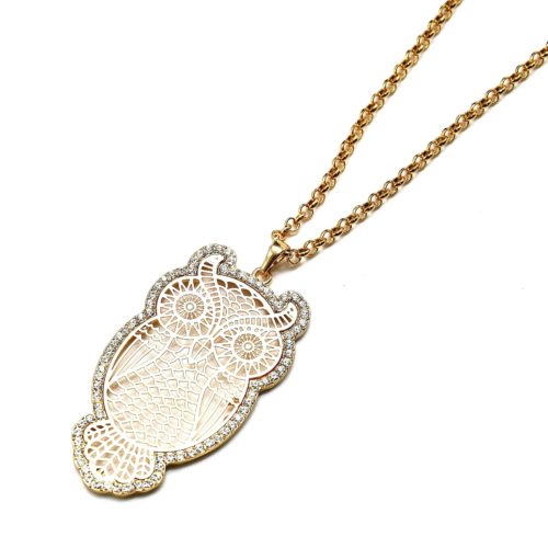 Sautoir-Collier-Pendentif-Chouette-Hibou-Ajoure-Metal-Dore-Contour-Strass