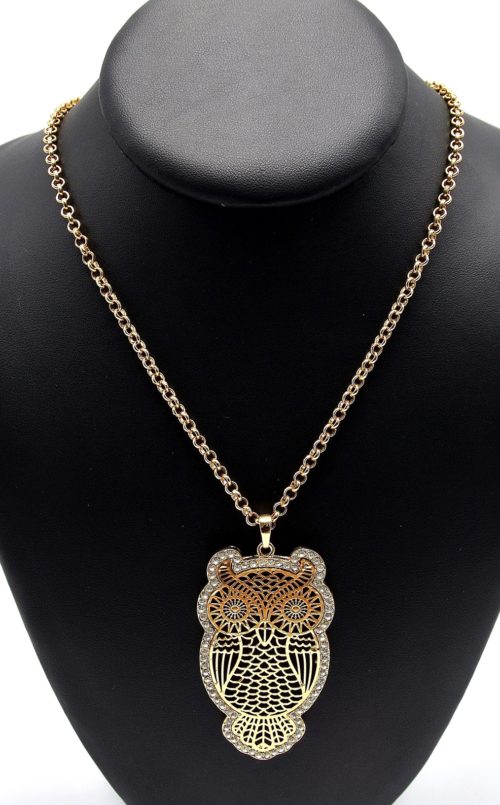 Sautoir-Collier-Pendentif-Chouette-Hibou-Ajoure-Metal-Dore-Contour-Strass