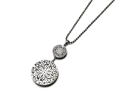 Sautoir-Collier-Pendentif-Double-Cercles-Motif-Ajoure-Fleur-Metal-Gris-avec-Cristaux