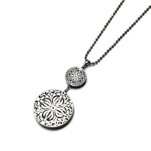 Sautoir-Collier-Pendentif-Double-Cercles-Motif-Ajoure-Fleur-Metal-Gris-avec-Cristaux