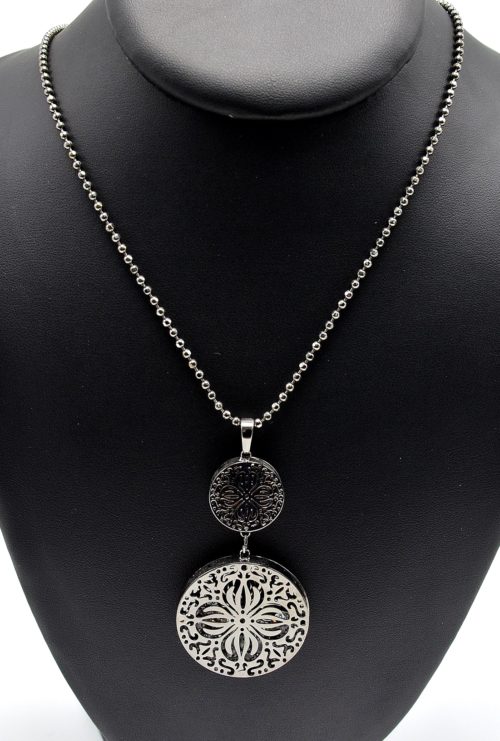 Sautoir-Collier-Pendentif-Double-Cercles-Motif-Ajoure-Fleur-Metal-Gris-avec-Cristaux