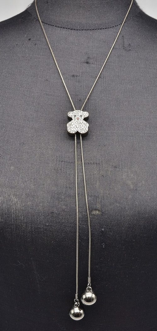 Sautoir-Collier-Pendentif-Y-Ourson-Strass-Chaines-et-Boules-Metal-Gris