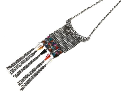 Sautoir-Collier-Pendentif-Franges-Billes-Metal-Gris-Perles-et-Strass-Multicolore