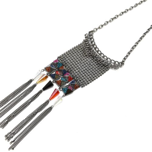 Sautoir-Collier-Pendentif-Franges-Billes-Metal-Gris-Perles-et-Strass-Multicolore