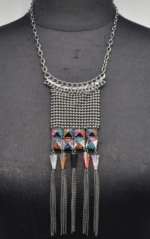 Sautoir-Collier-Pendentif-Franges-Billes-Metal-Gris-Perles-et-Strass-Multicolore