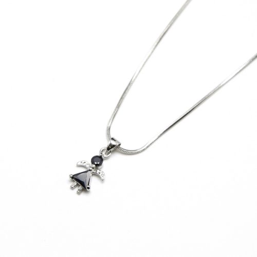 Collier-Pendentif-Mini-Ange-Zirconium-Noir-Metal-Argente