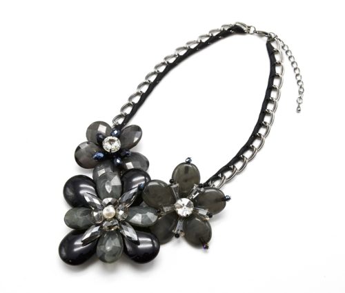 CC692 - Collier Plastron Maillons Métal Argenté et Fleurs Perles Résine Noir/Gris