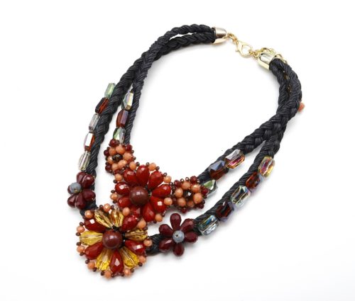 Collier-Plastron-Double-Cordons-Tresses-avec-Fleurs-en-Perles-Bordeaux-Noir