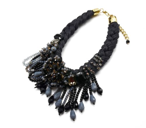 CC700 - Collier Plastron Cordons Tressés avec Fleur et Perles Noir/Gris