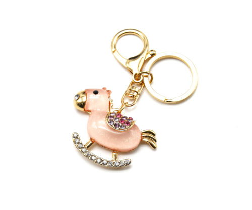 Porte-Cles-Bijou-de-Sac-Cheval-Bascule-Resine-Rose-avec-Strass