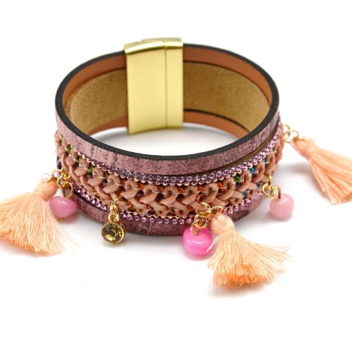 Bracelet-Manchette-Aimante-Cuir-Torsade-Strass-et-Charms-Rose