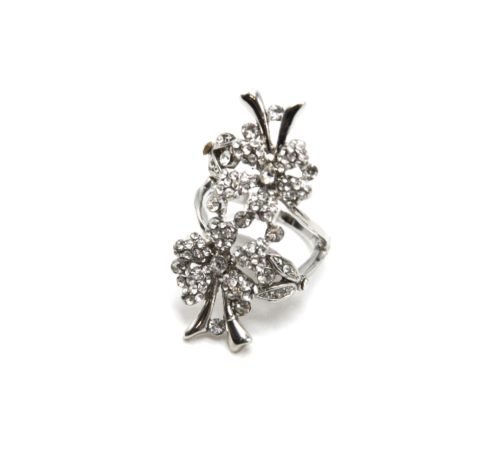 Bague-Statement-Double-Fleurs-Metal-et-Strass-Argente