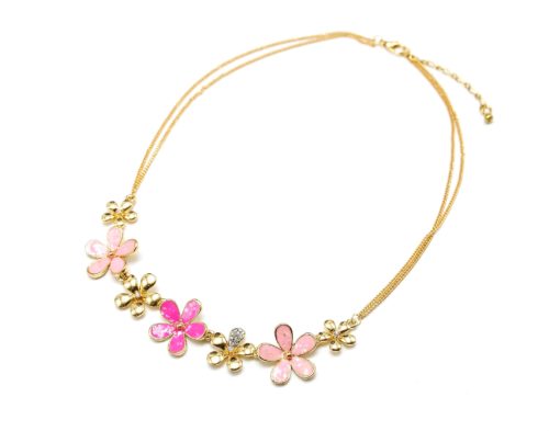 Collier-Double-Chaine-Pendentif-Fleurs-Metal-Email-et-Strass-Rose-Dore