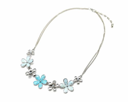 Collier-Double-Chaine-et-Pendentif-Fleurs-Metal-Email-et-Strass-BleuArgente