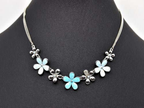 Collier-Double-Chaine-et-Pendentif-Fleurs-Metal-Email-et-Strass-BleuArgente