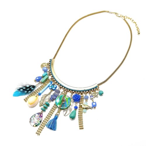 Collier-Pendentif-Multi-Charms-Plumes-Perles-Pompon-Bleu