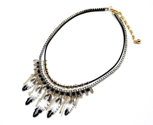 Collier-Pendentif-Perles-Chaines-et-Plumes-Ethnique-Email-NoirGrisBlanc