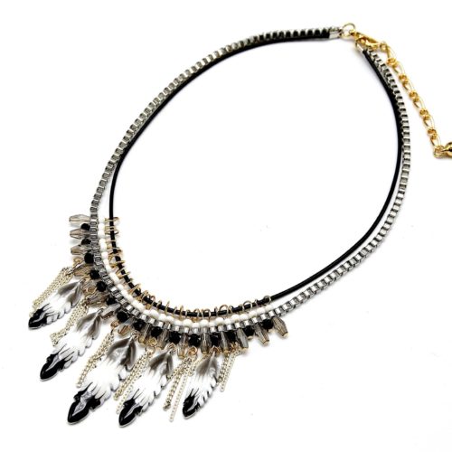 Collier-Pendentif-Perles-Chaines-et-Plumes-Ethnique-Email-NoirGrisBlanc