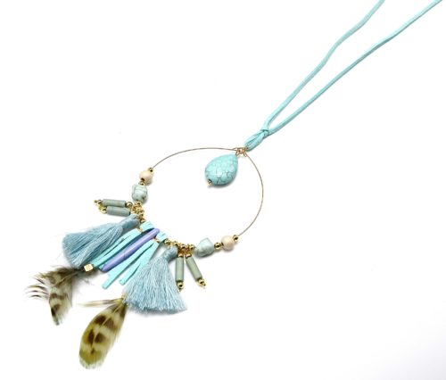 Sautoir-Collier-Pendentif-Cercle-Fin-Metal-Charms-Ethnique-Plumes-et-Pompons-Bleu