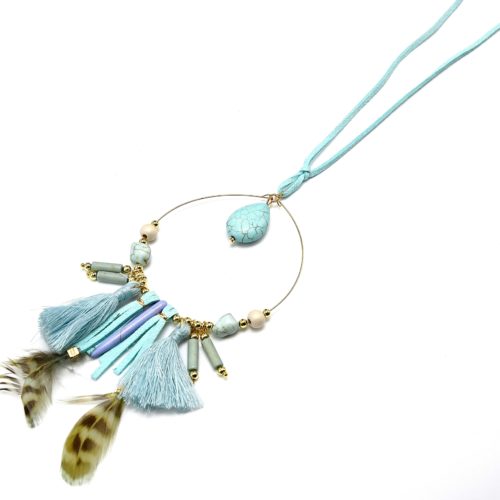 Sautoir-Collier-Pendentif-Cercle-Fin-Metal-Charms-Ethnique-Plumes-et-Pompons-Bleu