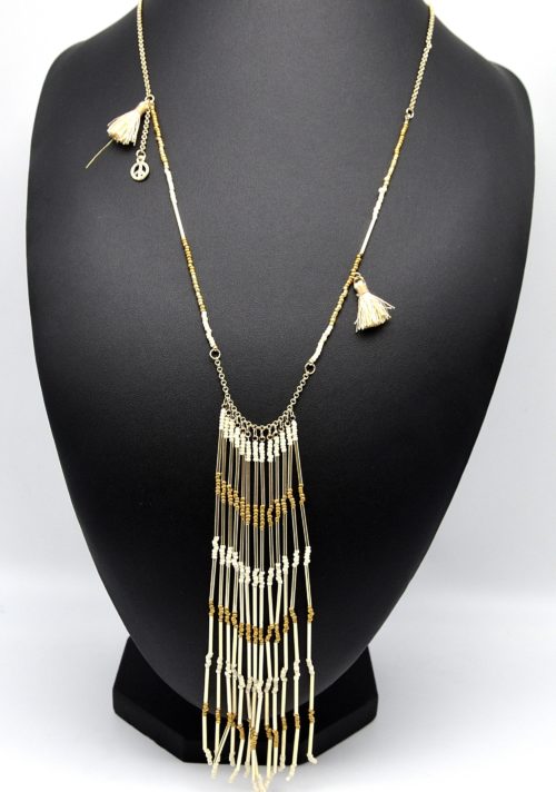 Sautoir-Collier-Pendentif-Ethnique-Cascade-Tubes-et-Perles-BeigeMarron