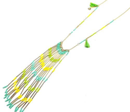 Sautoir-Collier-Pendentif-Ethnique-Cascade-Tubes-et-Perles-VertJaune