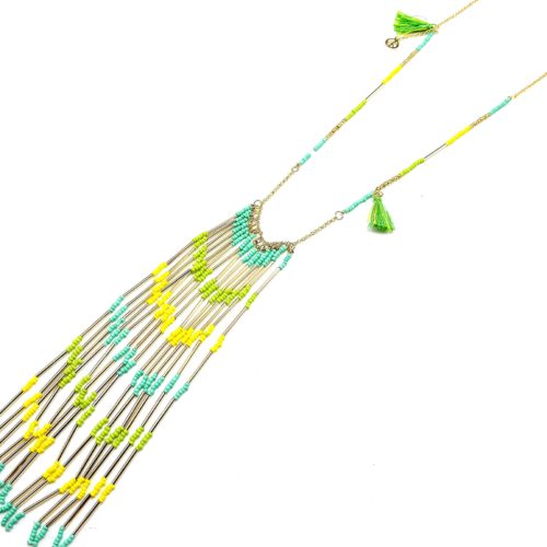 Sautoir-Collier-Pendentif-Ethnique-Cascade-Tubes-et-Perles-VertJaune