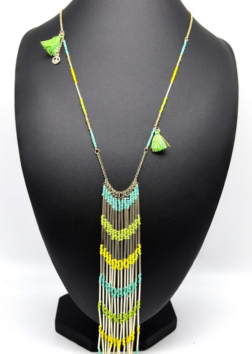 Sautoir-Collier-Pendentif-Ethnique-Cascade-Tubes-et-Perles-VertJaune