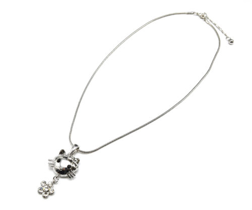 Collier-Pendentif-Tete-Chat-Metal-Argente-et-Fleur-Strass