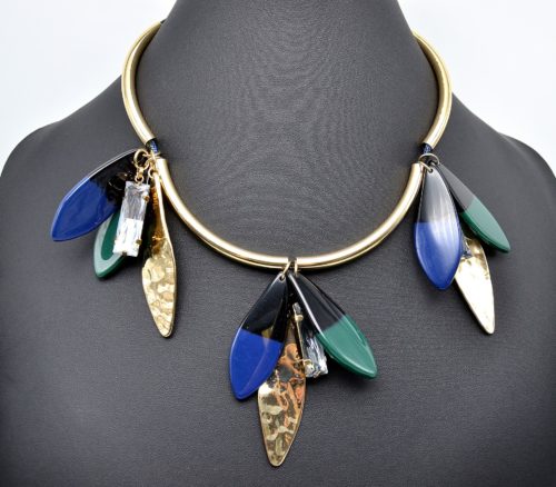 Collier-Statement-Pendentif-Plaques-Feuilles-et-Rectangle-BleuVertDore