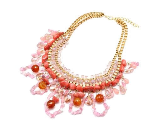 CC819 - Collier Plastron Multi-Rangs Perles, Métal Doré et Pierres Corail/Rose