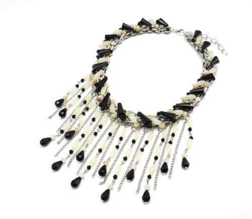 Collier-Plastron-Tour-de-Cou-Pierres-et-Cascade-Multi-Chaines-et-Perles-Noir-Beige