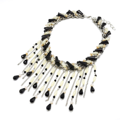 Collier-Plastron-Tour-de-Cou-Pierres-et-Cascade-Multi-Chaines-et-Perles-Noir-Beige