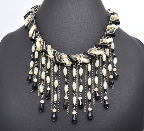 Collier-Plastron-Tour-de-Cou-Pierres-et-Cascade-Multi-Chaines-et-Perles-Noir-Beige