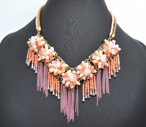 Collier-Plastron-Triangle-Pierres-et-Cascade-de-Chaines-et-Perles-Corail-Rose