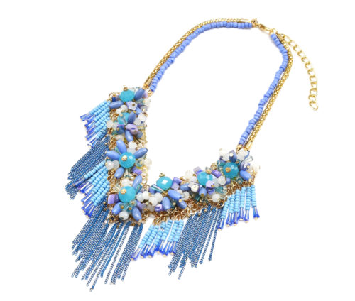 CC832 - Collier Plastron Triangle Pierres, Métal Doré, Chaînes et Perles Bleues