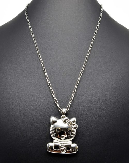 Sautoir-Collier-Pendentif-Chat-Metal-Argente-avec-Noeud