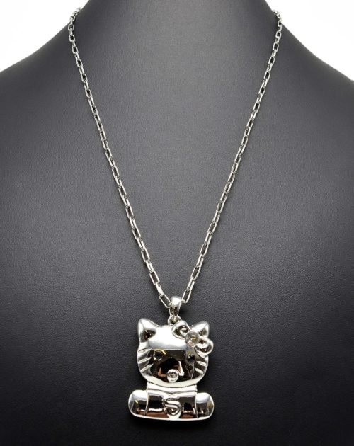 Sautoir-Collier-Pendentif-Chat-Metal-Argente-avec-Noeud