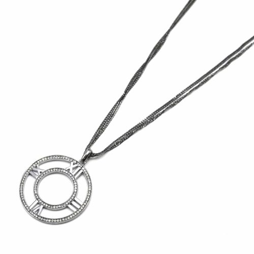 Sautoir-Collier-Multi-Chaines-Pendentif-Cadran-Chiffres-Romains-Contour-Strass-Metal-Gris