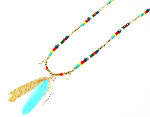 Sautoir-Collier-Perles-Multicolore-Pendentif-Plumes-et-Chaines-Metal-Dore