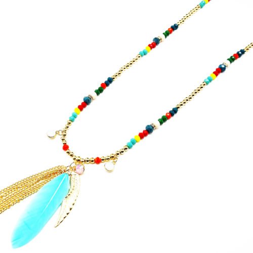 Sautoir-Collier-Perles-Multicolore-Pendentif-Plumes-et-Chaines-Metal-Dore