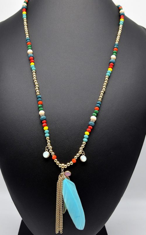 Sautoir-Collier-Perles-Multicolore-Pendentif-Plumes-et-Chaines-Metal-Dore